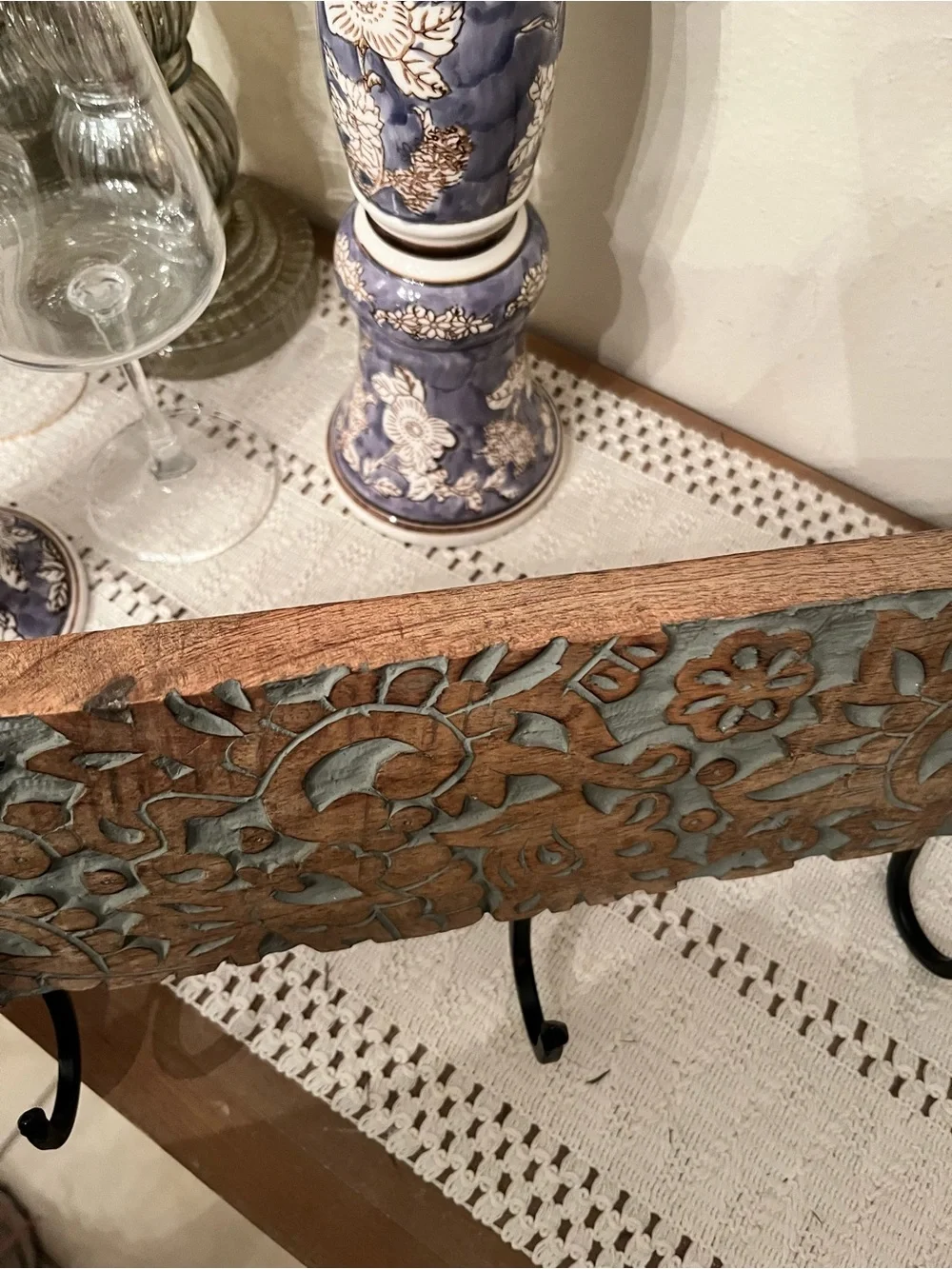 Handcrafted Floral Carved Wooden Wall Hook - Blue and Brown